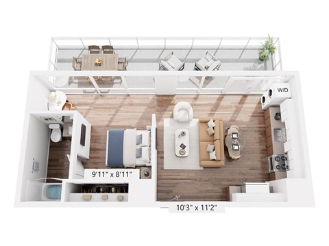 Floor plan for 1 bed, 1 bath, 542 sqft